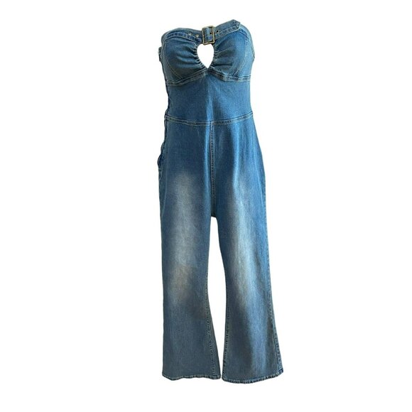 NWT Cider Denim Strapless Cut Out Flared Jumpsuit Size Medium - Picture 3 of 11